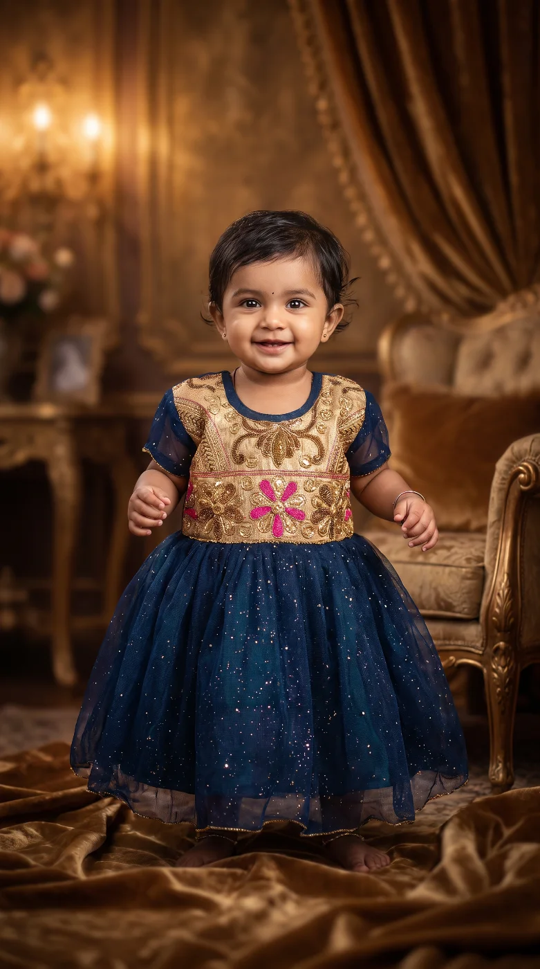 Baby Girl's Navy Blue & Gold Embroidered Net Festive Gown Dress