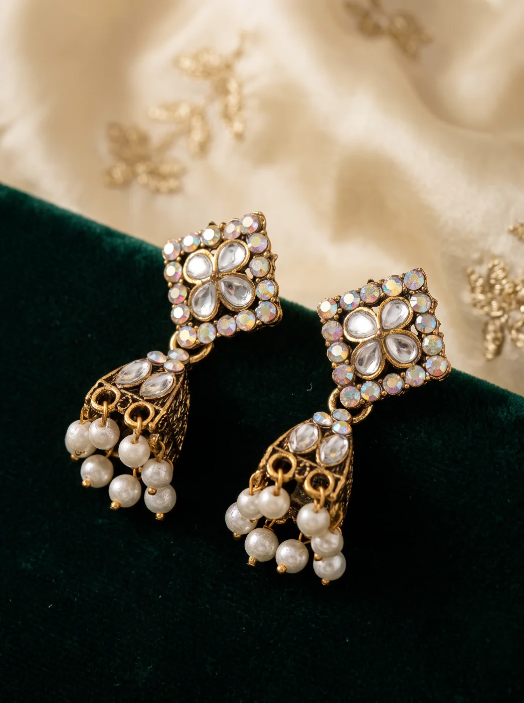 Traditional Gold Plated Kundan & Pearl Jhumka Earrings for Women