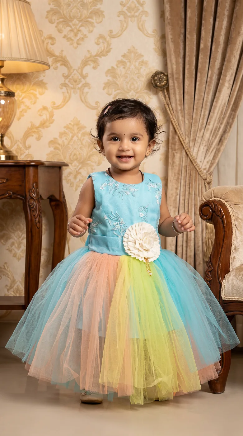 Baby Girls Multi-Color Tulle Party Frock Dress with Embroidery