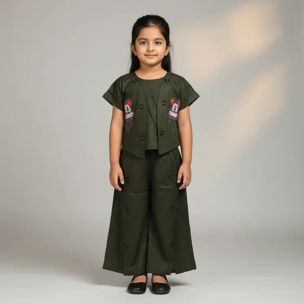 Girls' Olive Green Co-ord Set with Mickey Mouse Embroidery