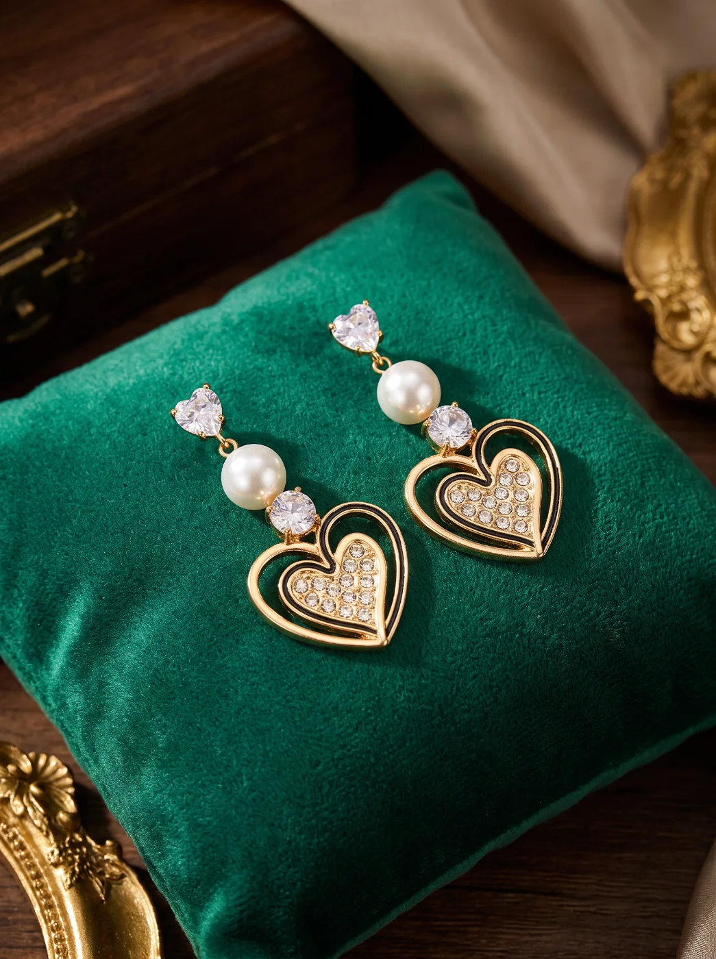 Elegant Gold Plated Heart Dangle Earrings with Pearls and Zircon Stones for Women