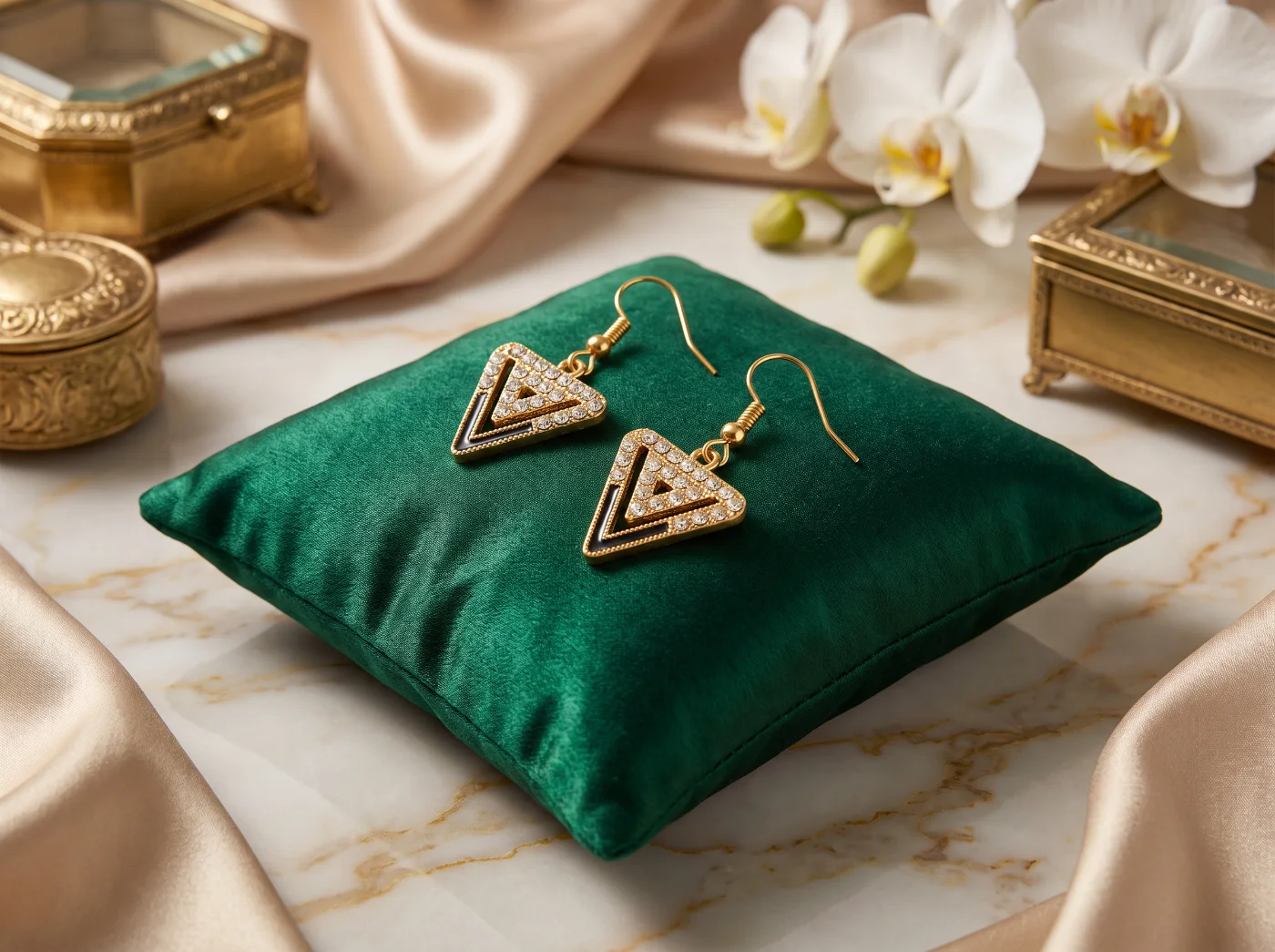 Geometric Triangle Gold-Toned Dangle Earrings with Rhinestones and Black Enamel for Women