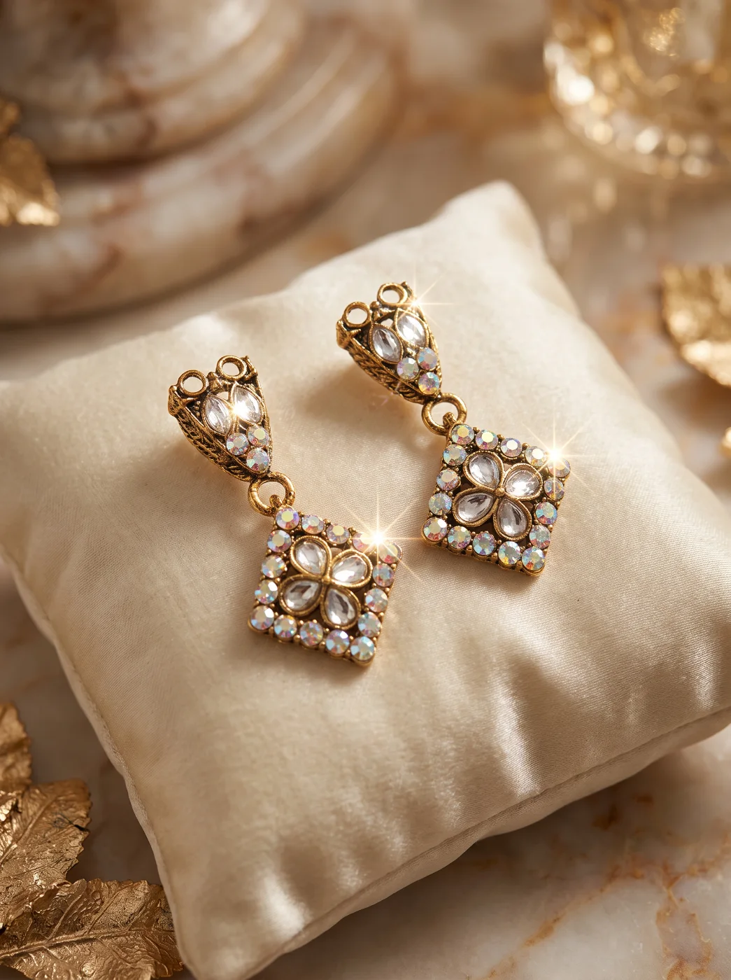 Ethnic Gold-Toned Stone-Studded Floral Square Drop Earrings for Women