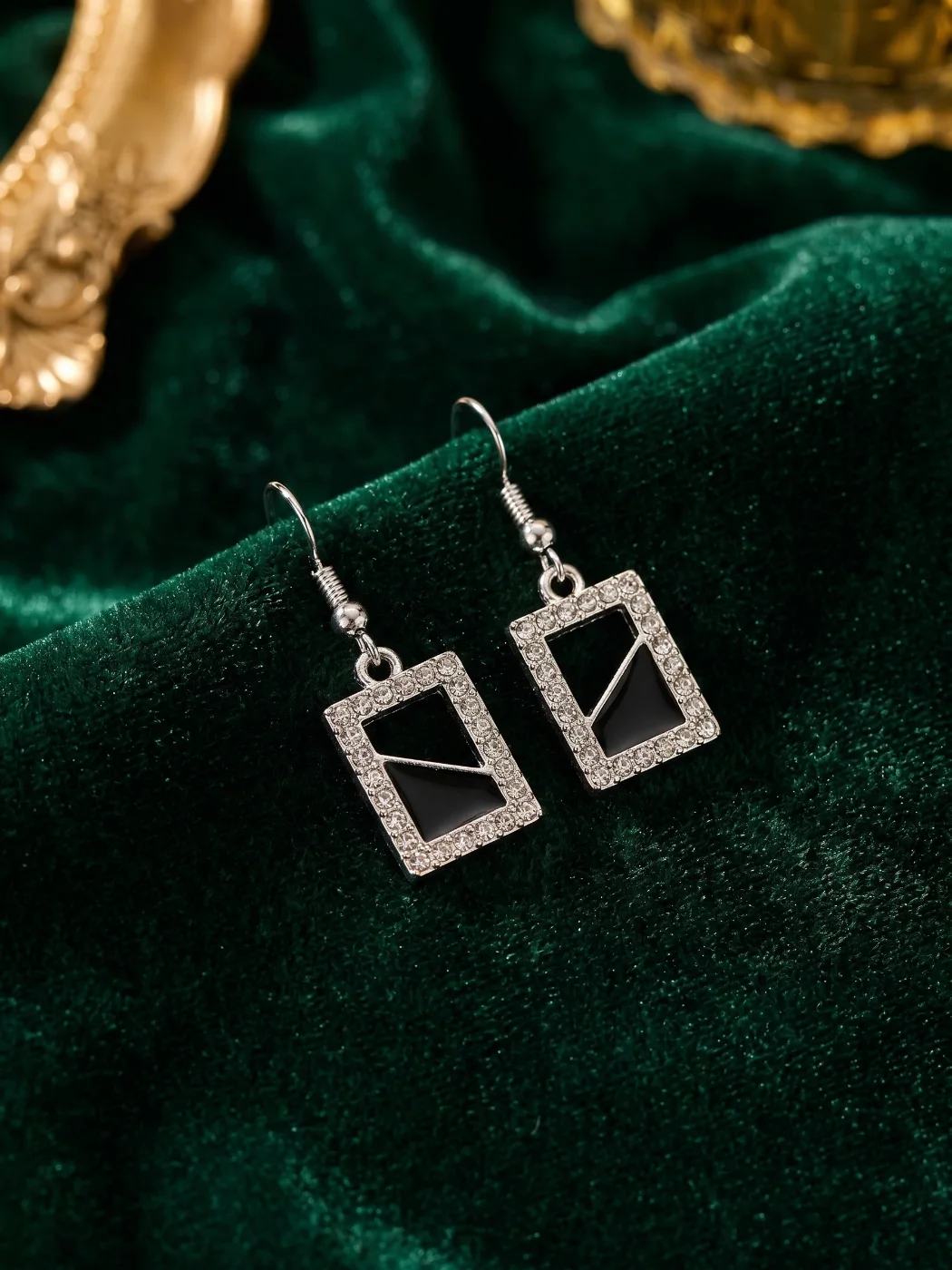 Geometric Rectangle Dangle Earrings with Rhinestones & Black Enamel