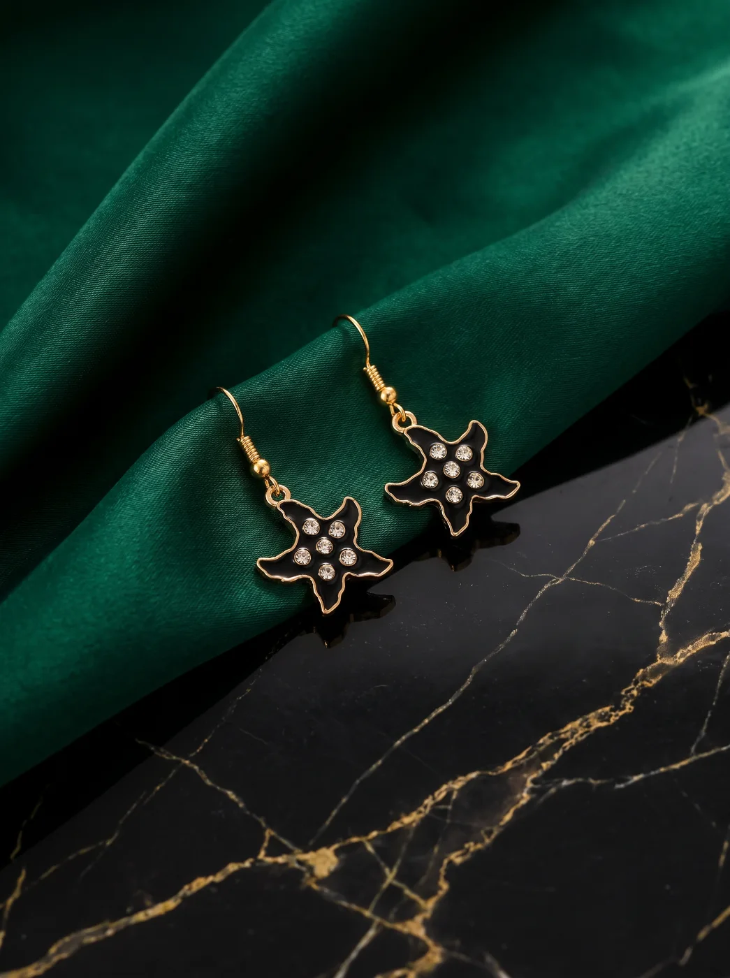 Black Starfish Dangle Earrings with Rhinestones for Women