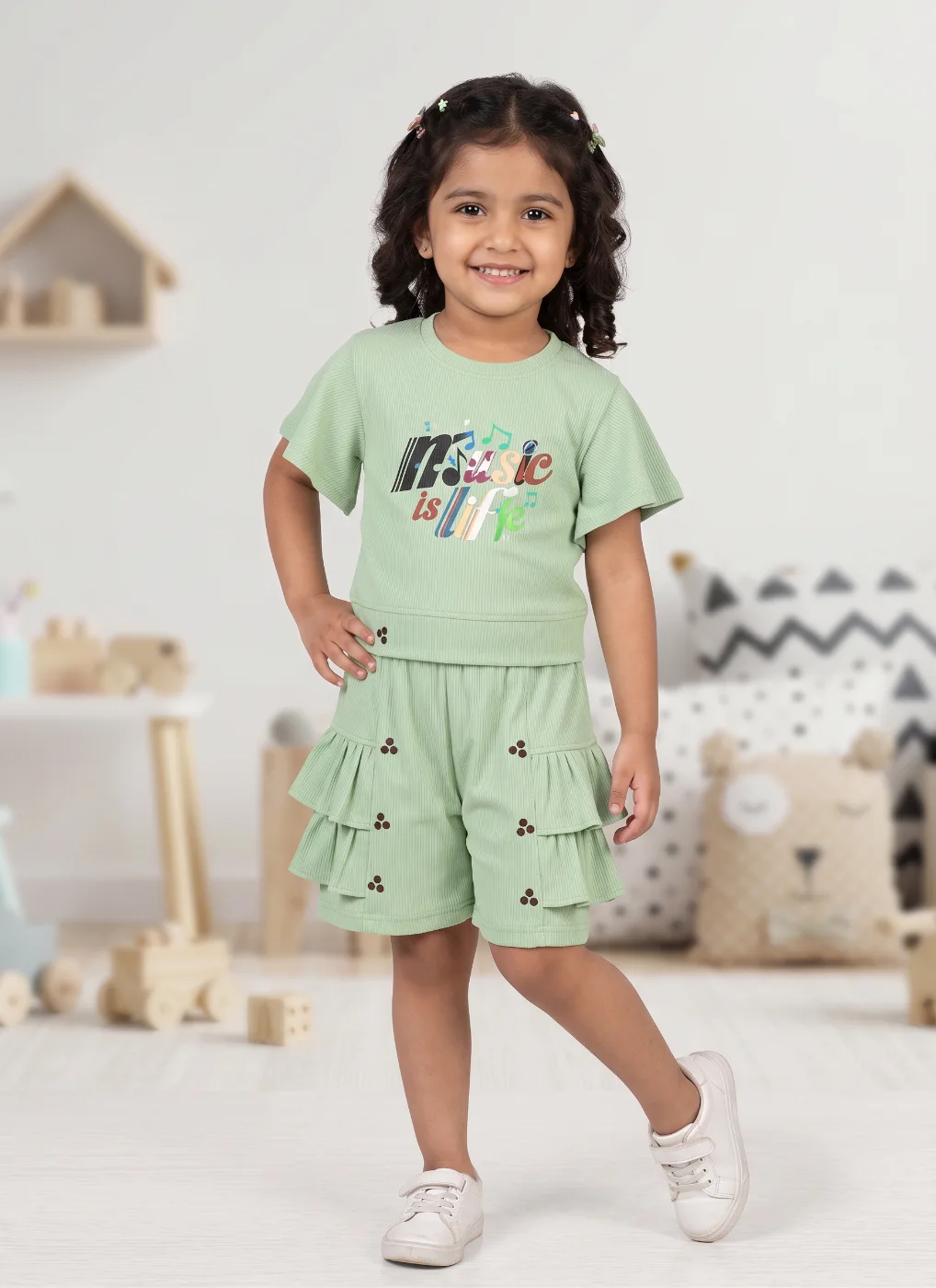 Girls Mint Green Ribbed T-Shirt and Ruffled Shorts Set
