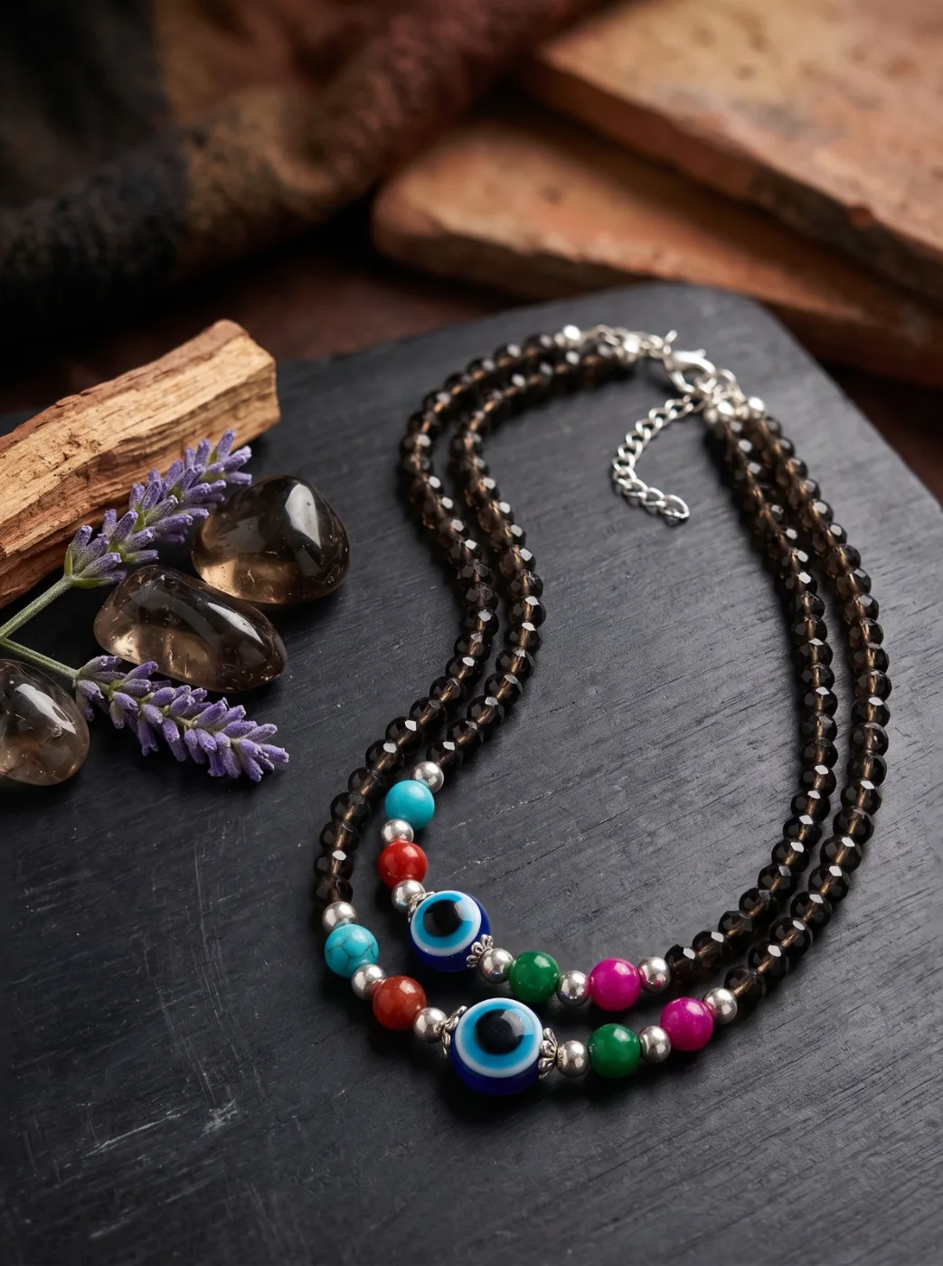 Smoky Quartz Beaded Multi-Layered Necklace with Evil Eye Charms