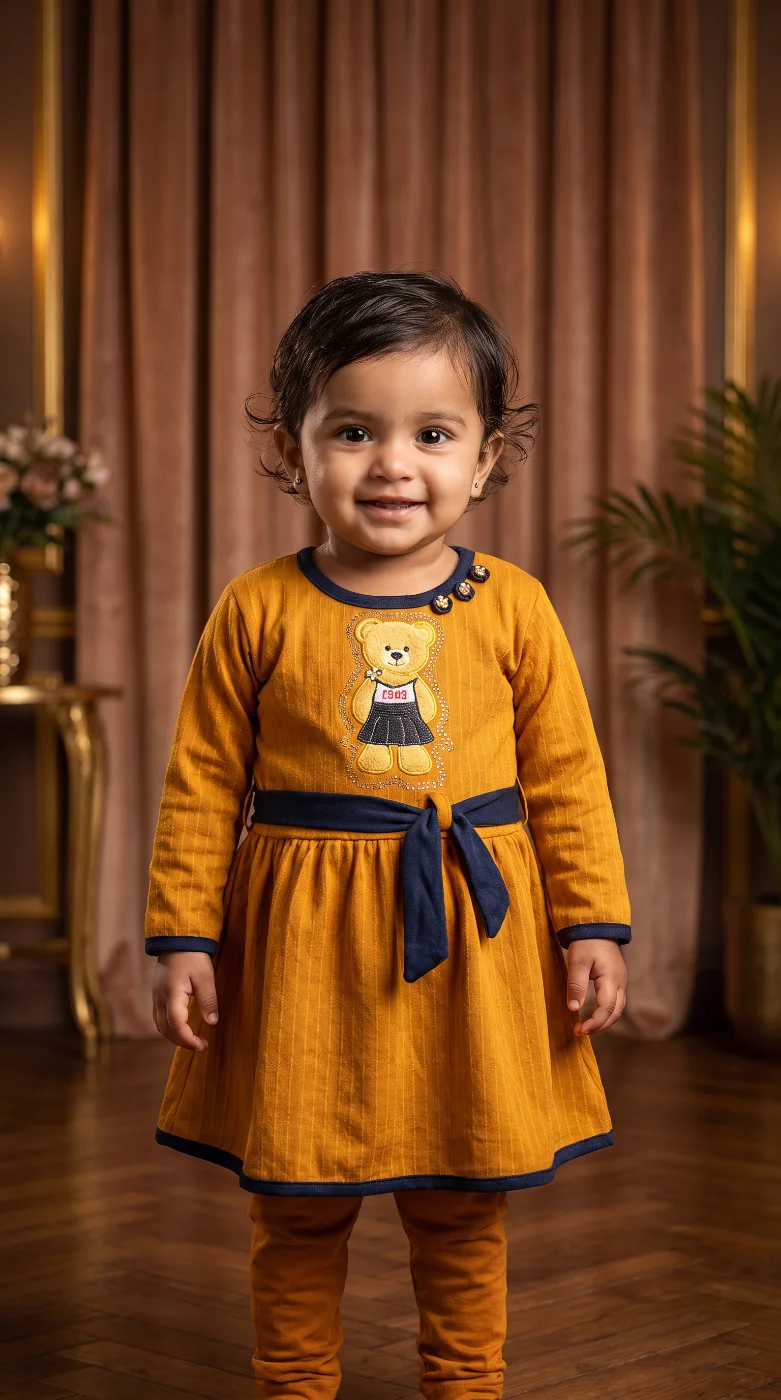 Baby Girls Mustard Yellow Ribbed Dress with Teddy Bear Applique and Navy Belt