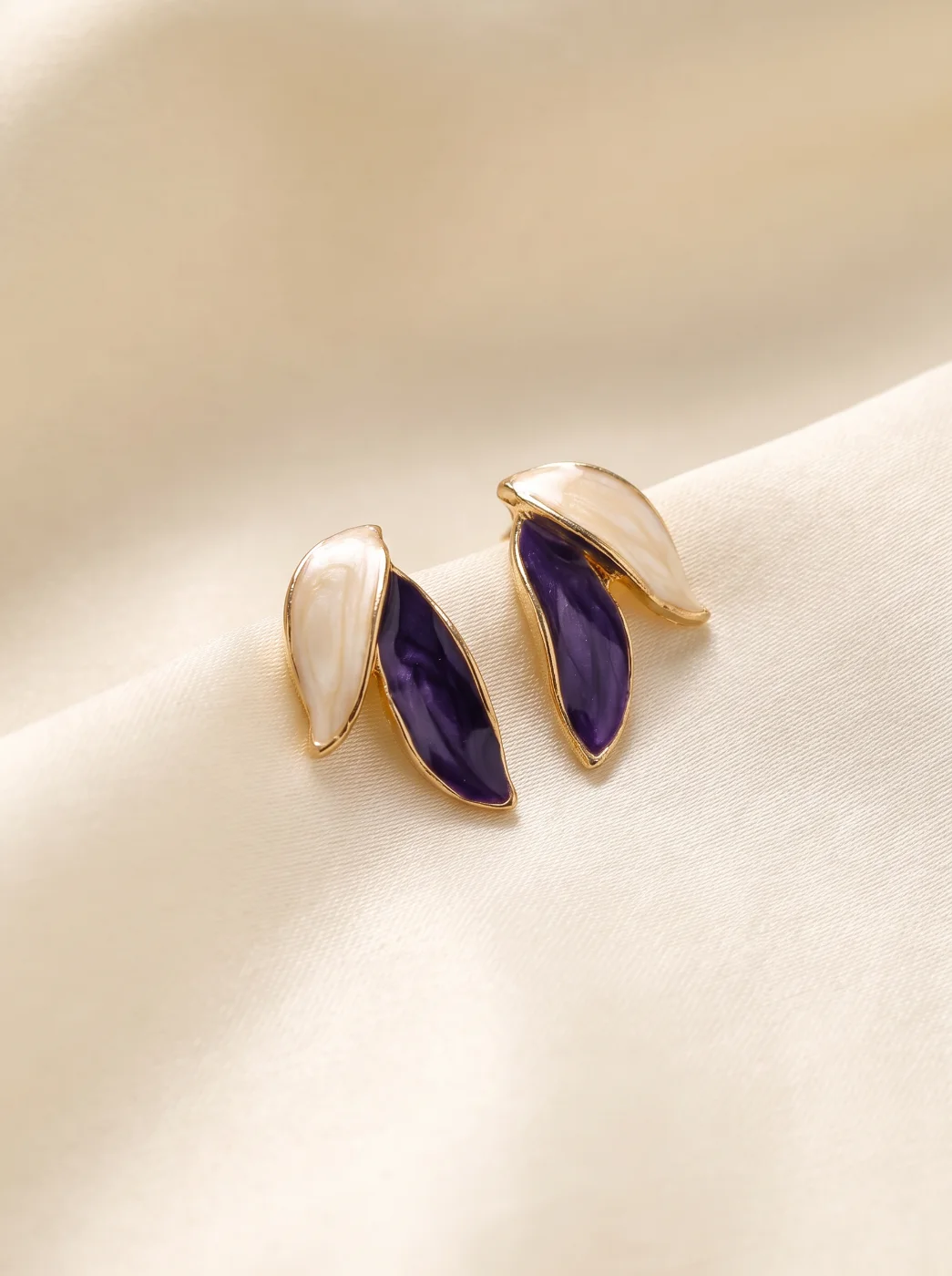 Elegant Purple & Cream Enamel Leaf Design Stud Earrings for Women