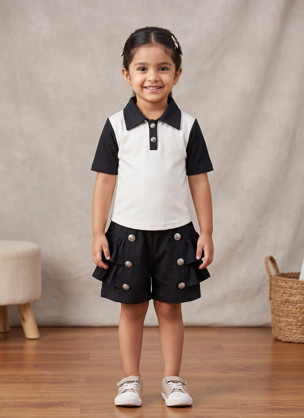 Girls' Color Block Polo T-Shirt and Ruffled Shorts Set