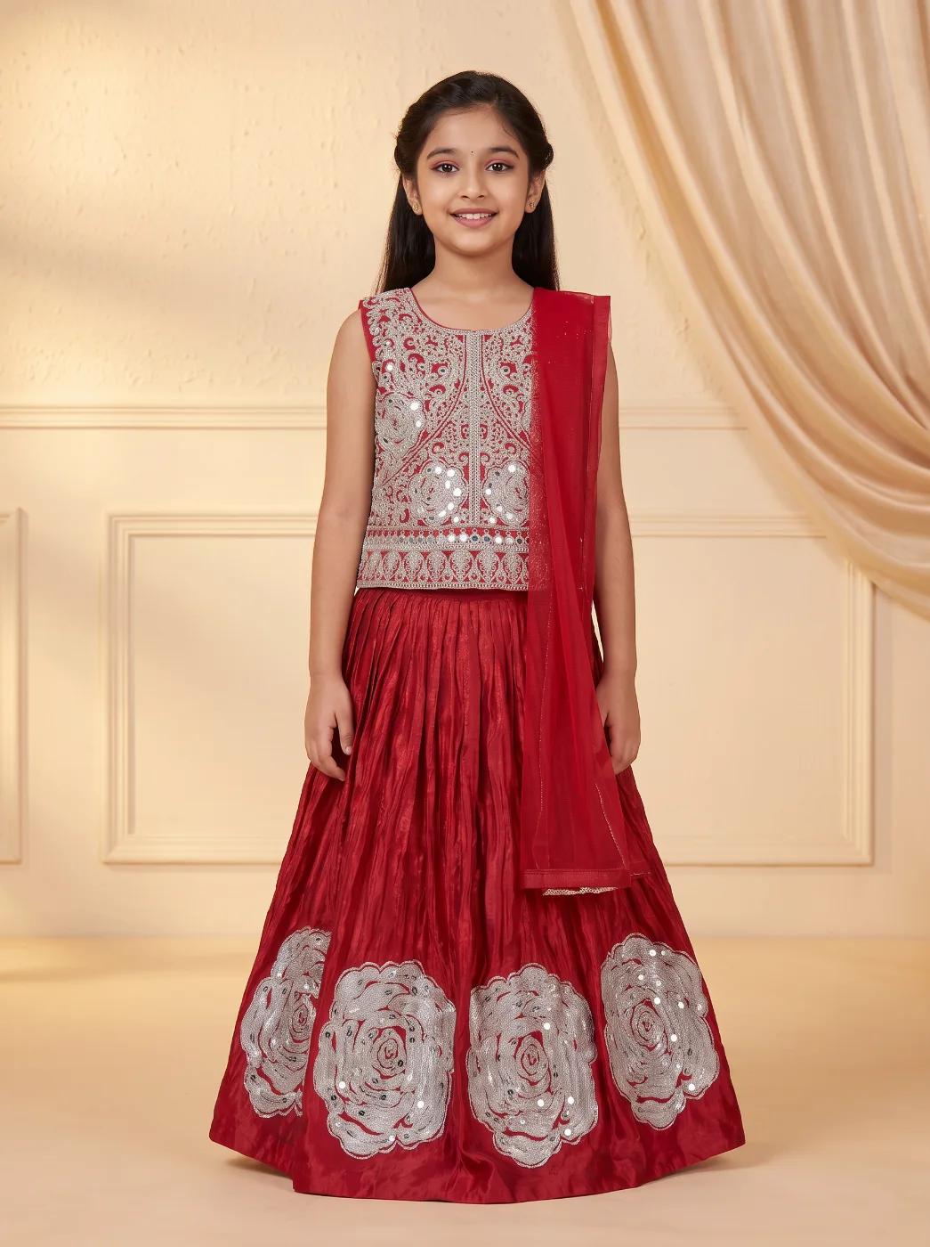 Girls Red Embroidered Lehenga Choli with Dupatta