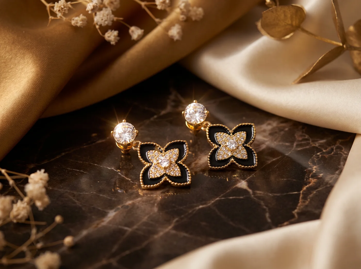 Elegant Gold Plated Black Clover Stud Earrings with Zircon Stones